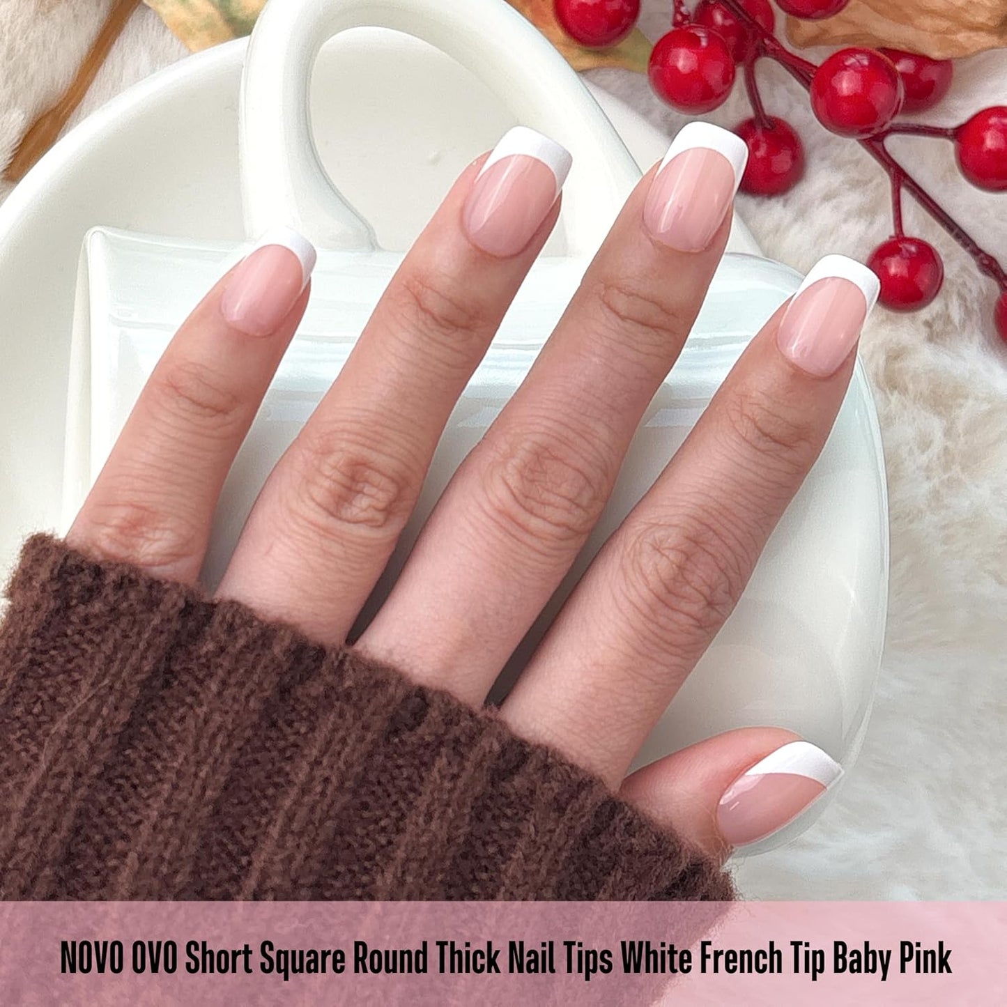 Square Round Short White French Tips Baby Pink