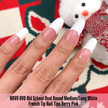 Medium Long Oval Round Old School White French Tip Berry Pink 240