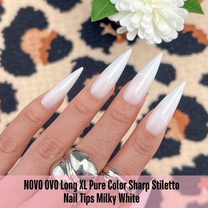 Long XL Pure Color Sharp Stiletto Nail Tips Milky White