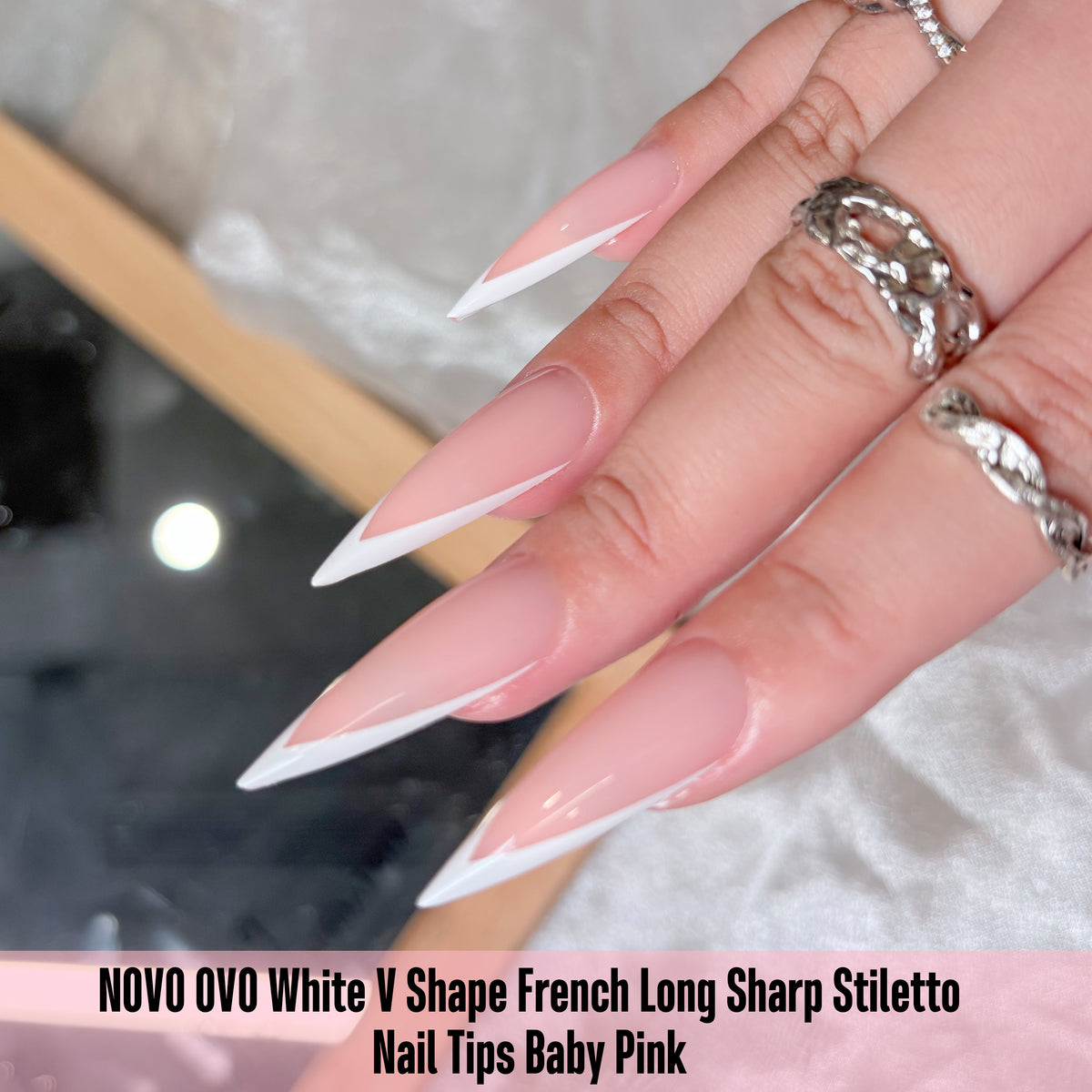 White V Shape French Long Sharp Stiletto Nail Tips Baby Pink