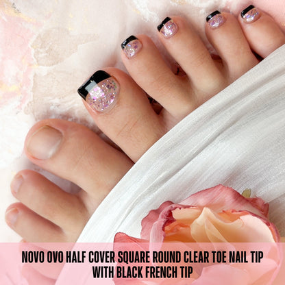 Half Cover Round Clear Toe nail tip with Black French Tip