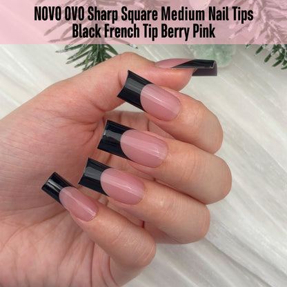 Meidum Sharp Square Black French Tip Naili Tips Berry Pink 180
