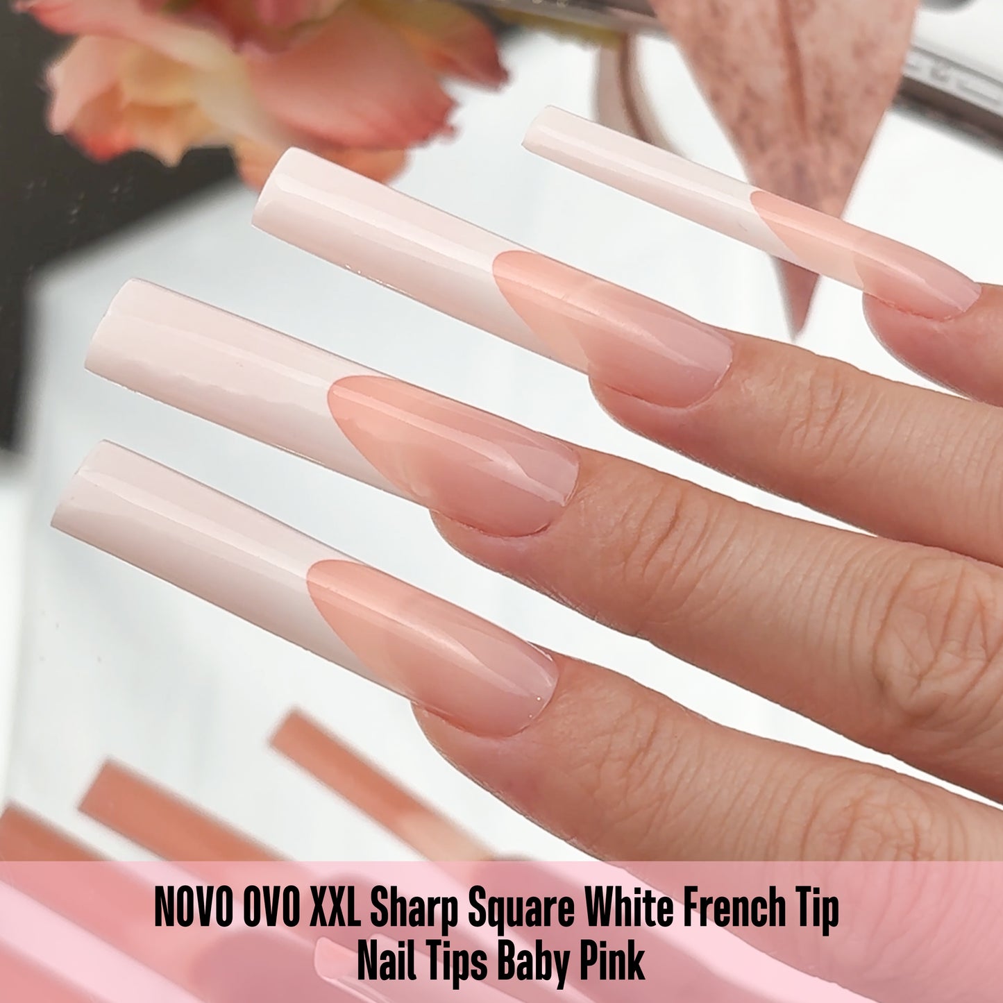 XXL Sharp Square White French Tip Naili Tips Baby Pink 150