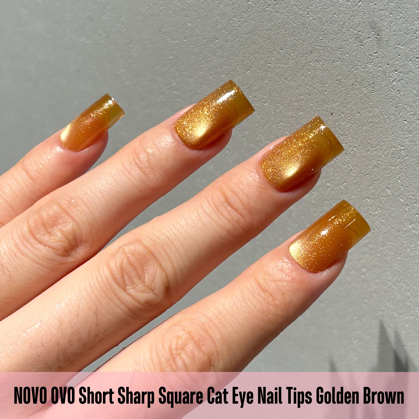 Short Sharp Square Cat Eye Nail Tips Golden Brown