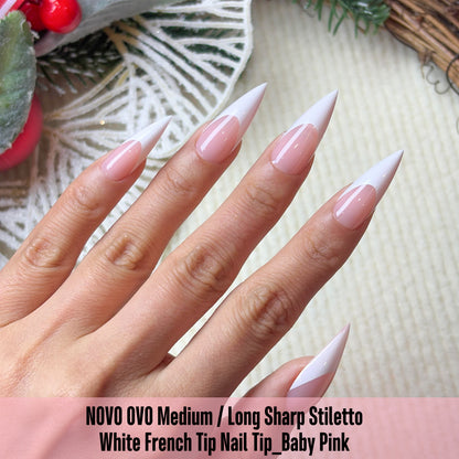 Medium or Long White French Tip Sharp Stiletto Nail Tips Baby Pink