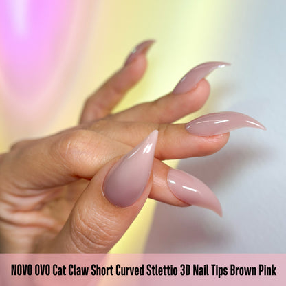 Cat Claw Short Curved Stiletto 3D Nail Tips Brown Pink 128