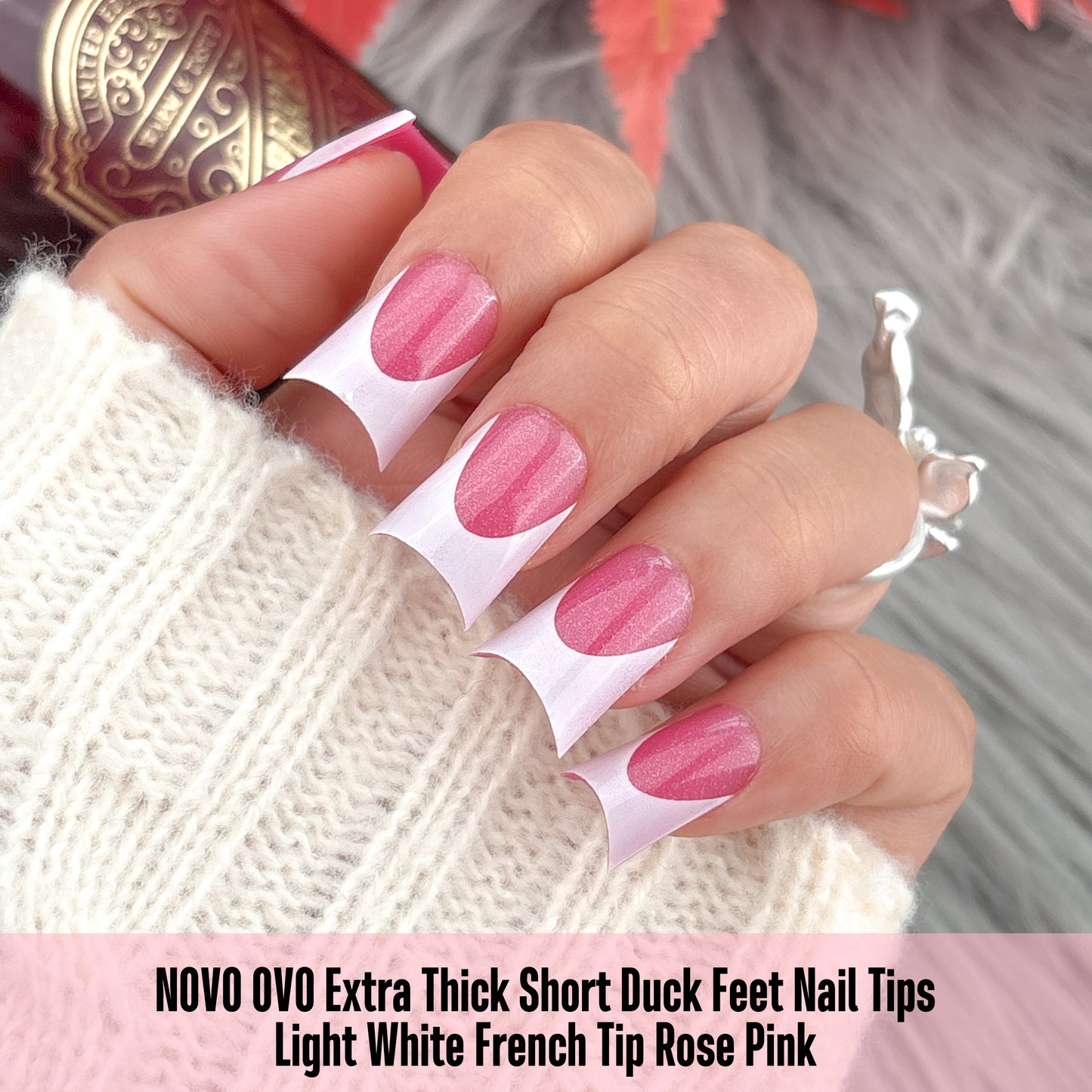 Duck Nails Short with Moon Curve Milk White French Tips Rose Pink