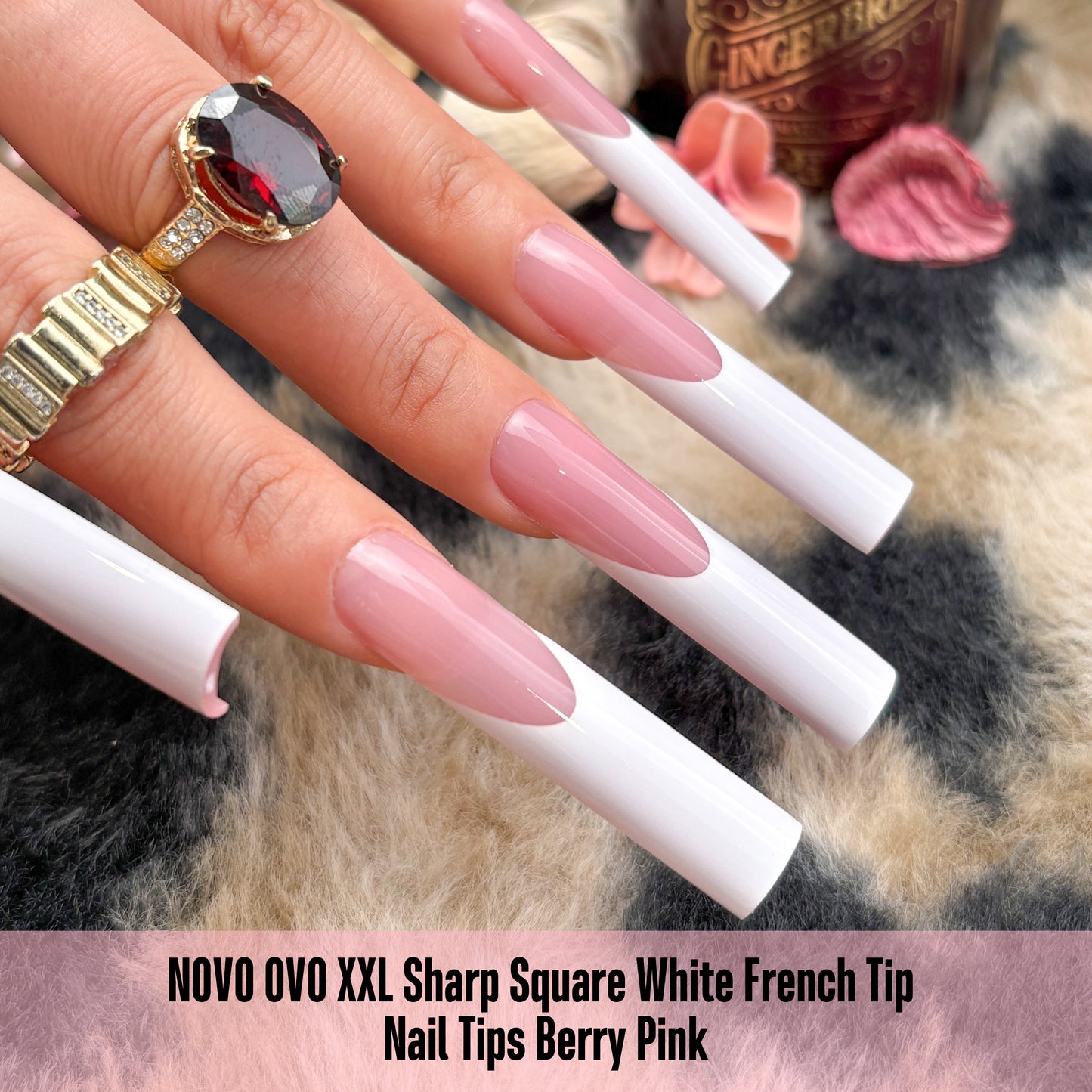 XXL Sharp Square White French Tip Nail Tips Berry Pink 150