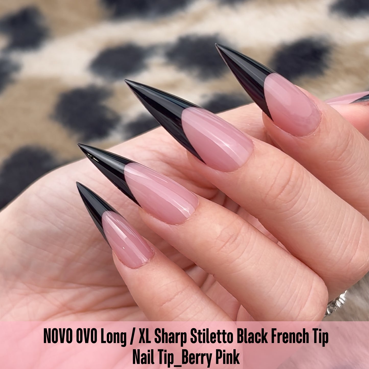 Long XL Sharp Stiletto Black French Tip Nail Tips Berry Pink