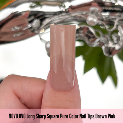 Long Sharp Square Pure Color Nail Tips Brown Pink 180