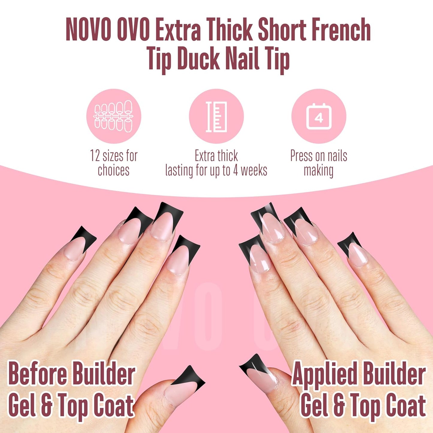 Duck Nails Black French Tip Baby Pink 12 Sizes 240 Pcs