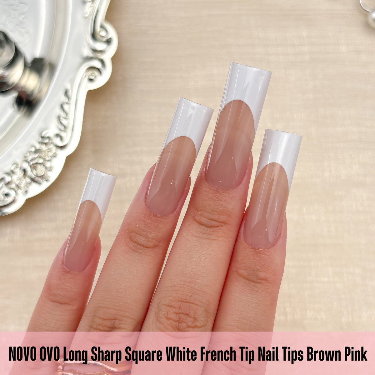 Long Sharp Square White French Tip Naili Tips Brown Pink 180