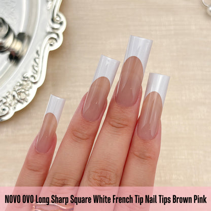 Long Sharp Square White French Tip Naili Tips Brown Pink 180