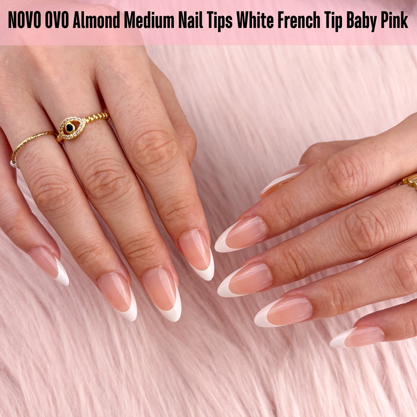 Medium Almond White French Tip BABY PINK