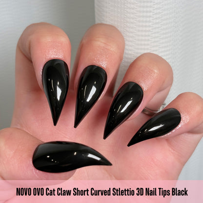 Cat Claw Short Curved Stiletto 3D Nail Tips Black 128