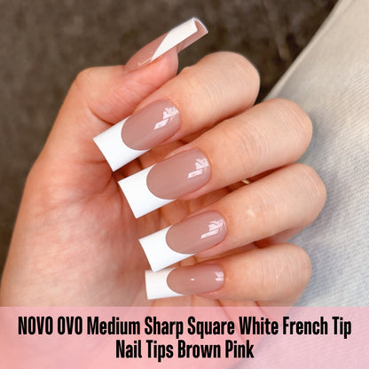 Medium Sharp Square White French Tip Nail Tips Brown Pink 180