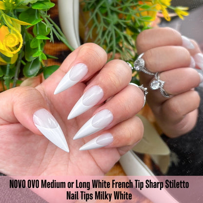 Medium or Long White French Tip Sharp Stiletto Nail Tips Milky White