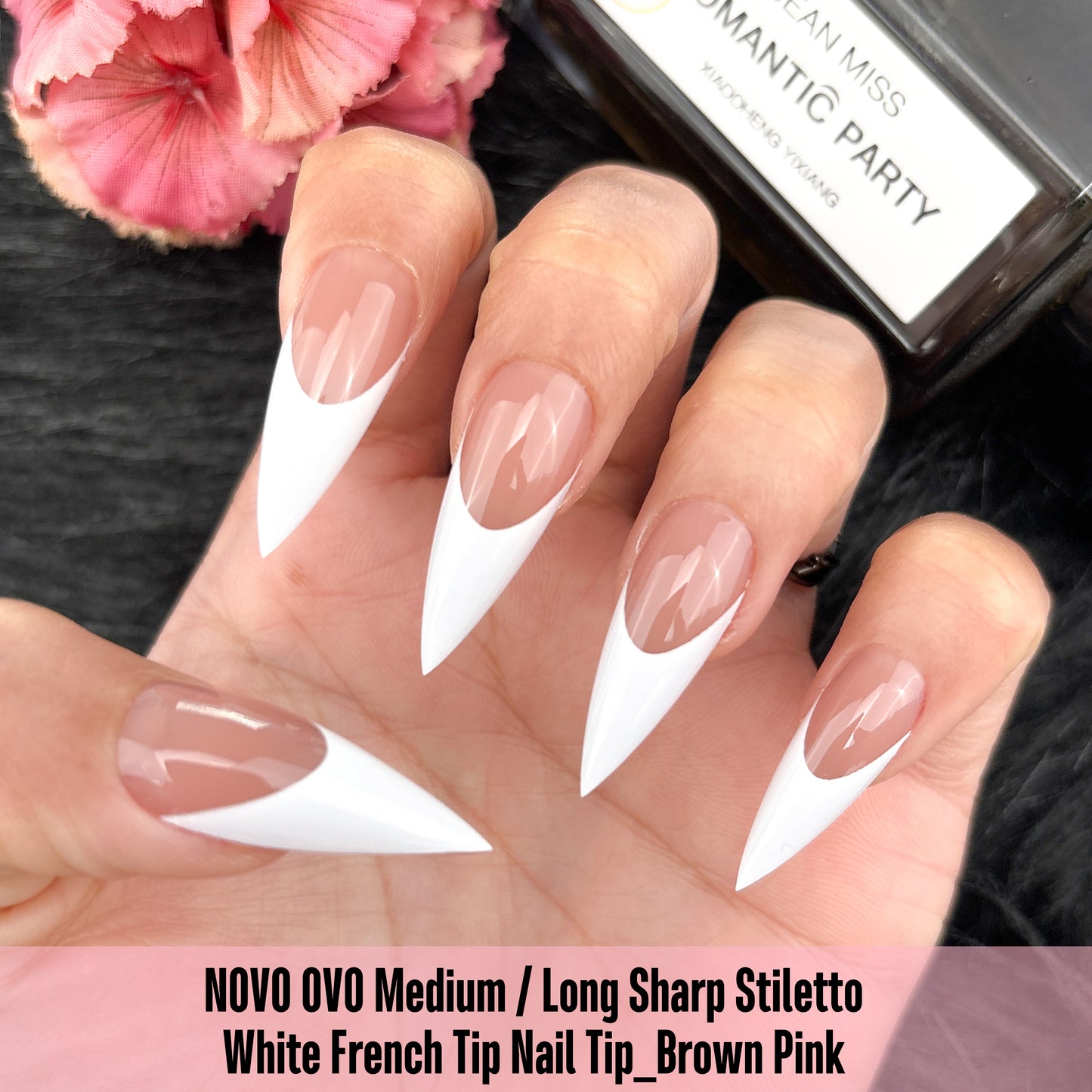 Medium or Long White French Tip Sharp Stiletto Nail Tips Brown Pink