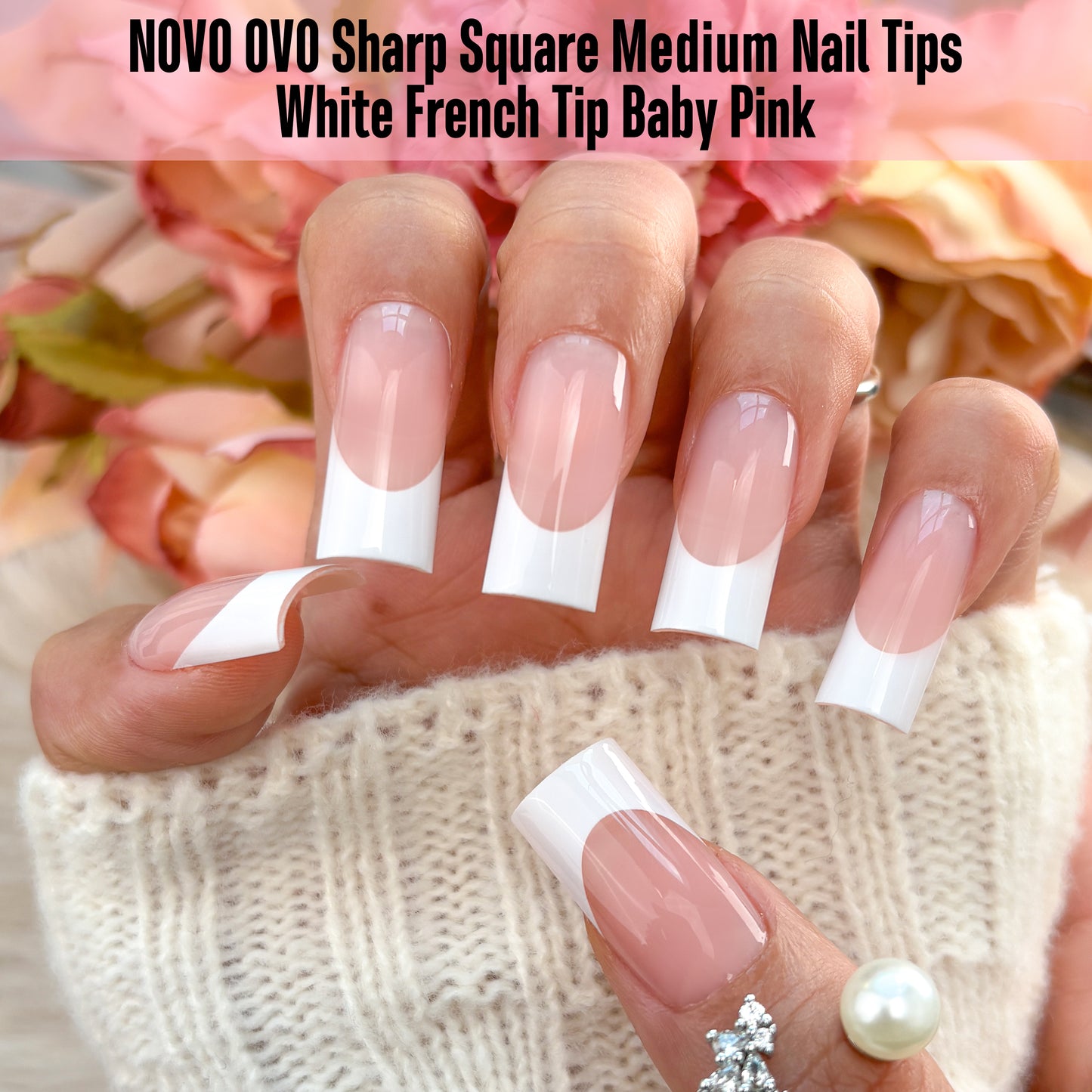 Medium Sharp Square White French Tip Nail Tips Baby Pink 180