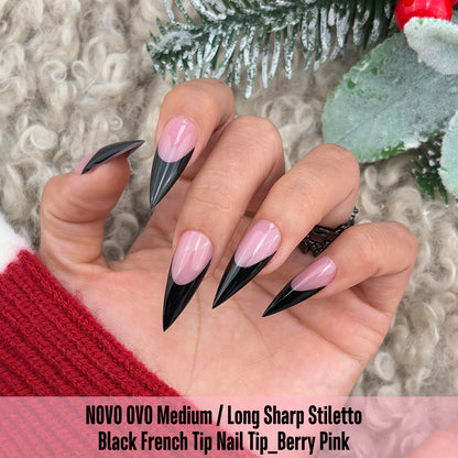 Medium or Long Black French Tip Sharp Stiletto Nail Tips Berry Pink