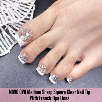 Sharp Square Toe Nails Clear with White French Tip Line