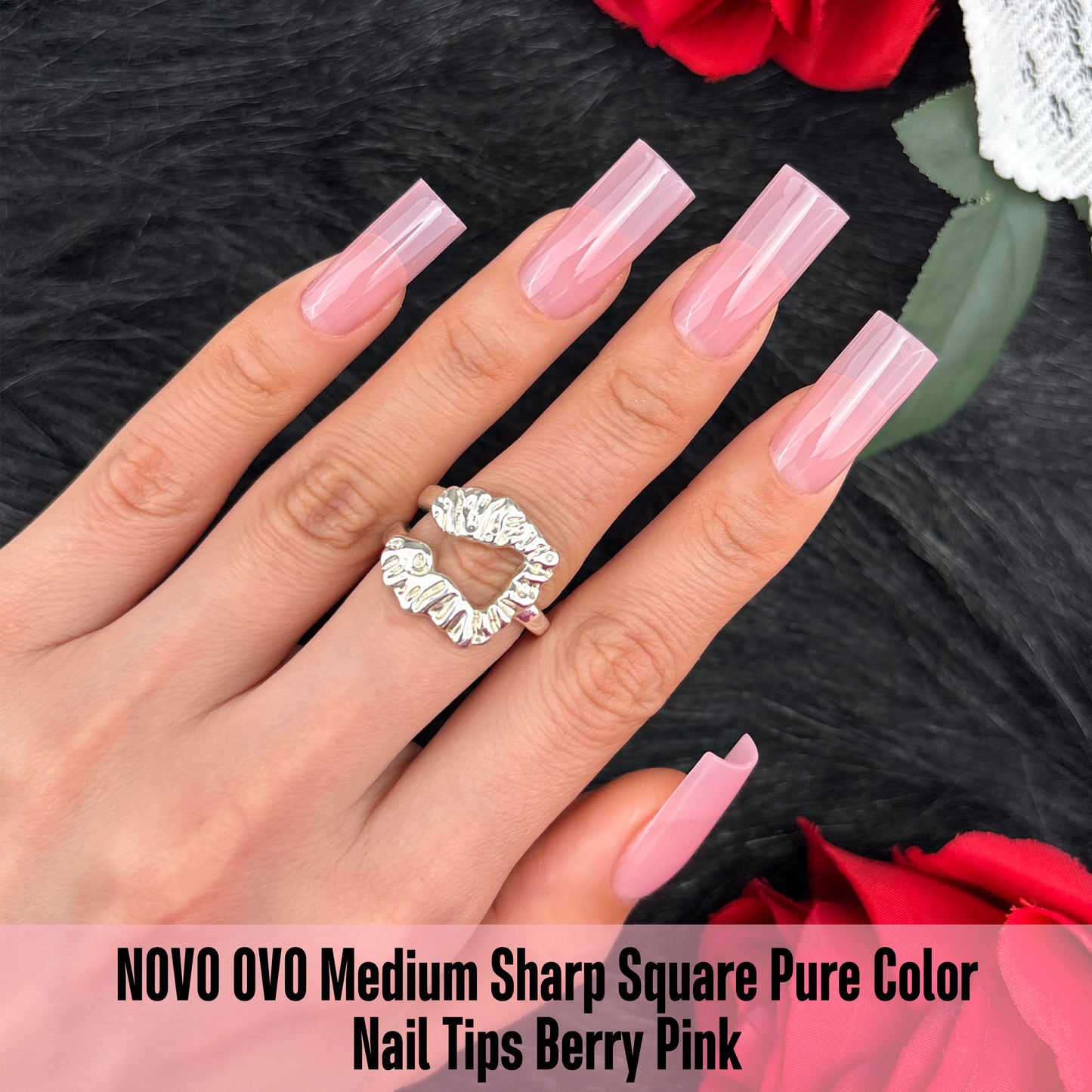 Meidum Sharp Square Pure Color Nail Tips Berry Pink 180