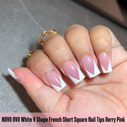 White V Shape French Short Square Nail Tips Berry Pink 240