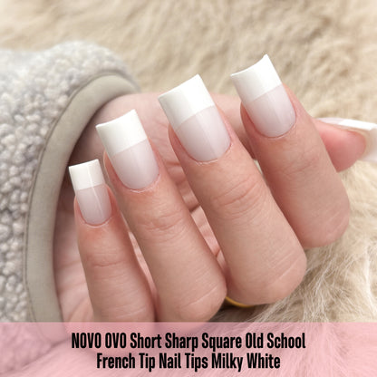 Short Sharp Square Nail Tips Wide White French Tip Milky White