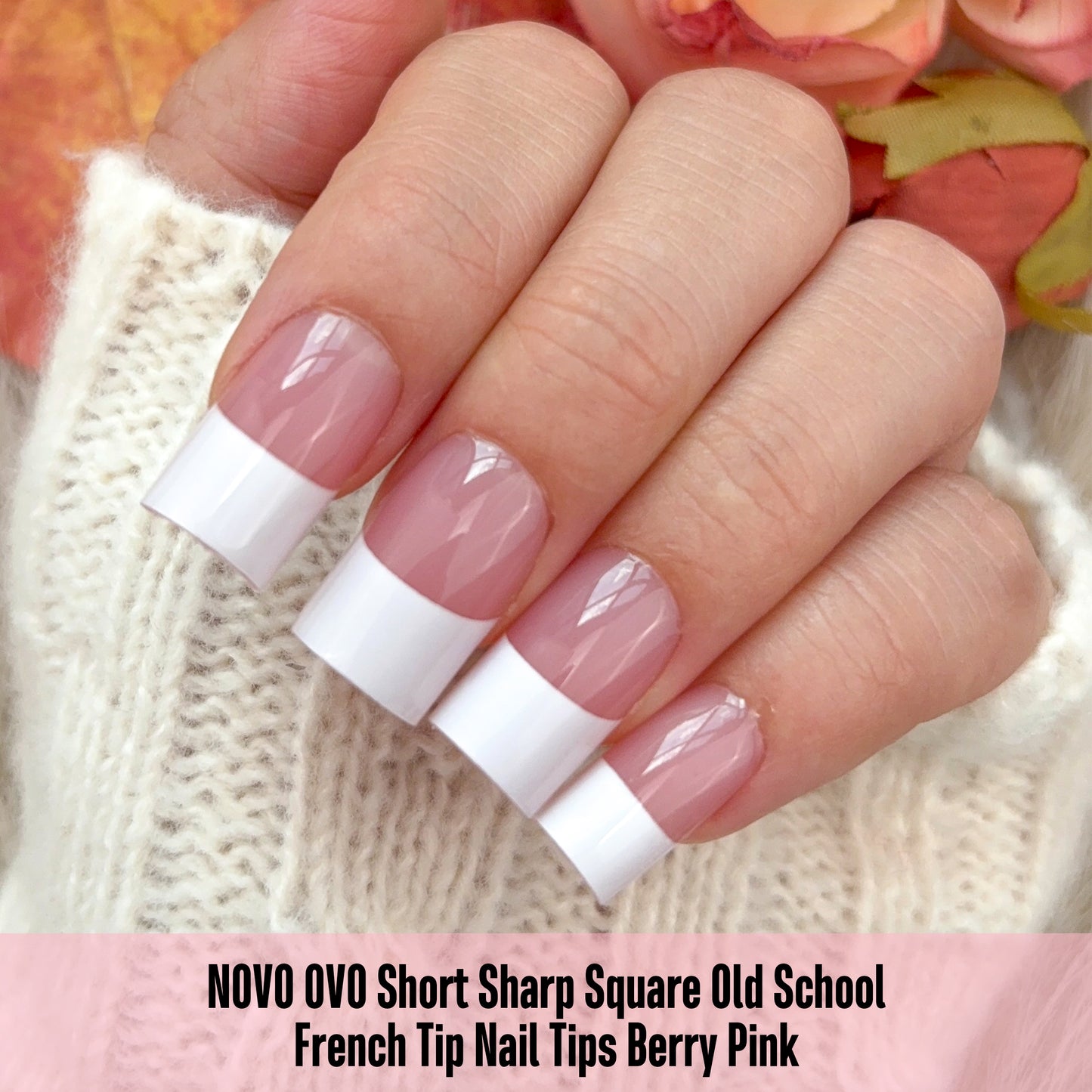 Short Sharp Square Nail Tips Wide White French Tip Berry Pink