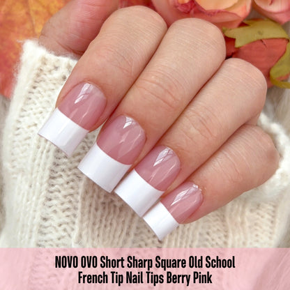 Short Sharp Square Nail Tips Wide White French Tip Berry Pink