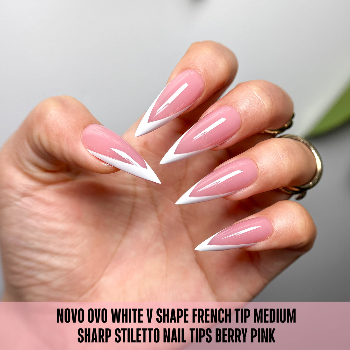 White V Shape French Tip Medium Sharp Stiletto Nail Tips Berry Pink