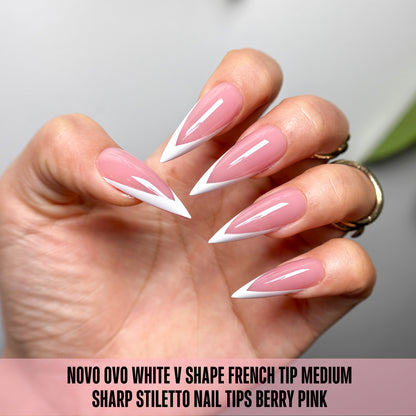 White V Shape French Tip Medium Sharp Stiletto Nail Tips Berry Pink