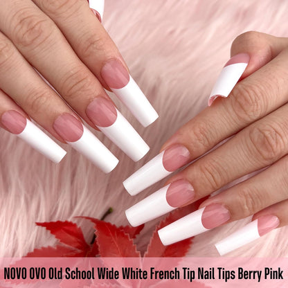 Square Long Wide White French Tip Berry Pink