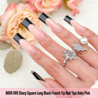 Long Sharp Square Black French Tip Nail Tips Baby Pink 180