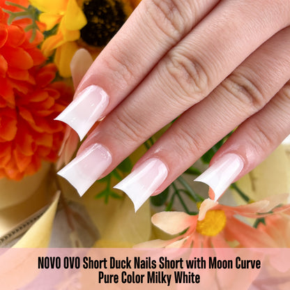 Duck Nails Short with Moon Curve Pure Color Milky White