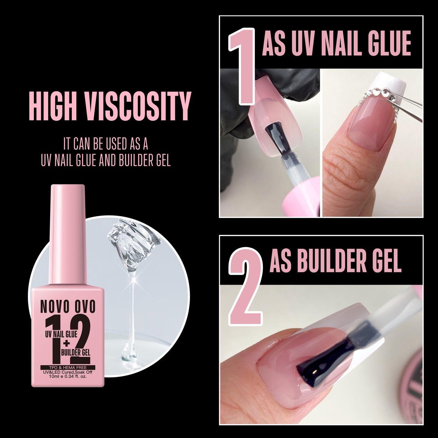 UV Nail Glue and Builder Gel 2 in 1, No Wipe Top Coat Kit, HEMA FREE