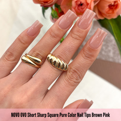 Short Sharp Square Pure Color Naili Tips Brown Pink 240