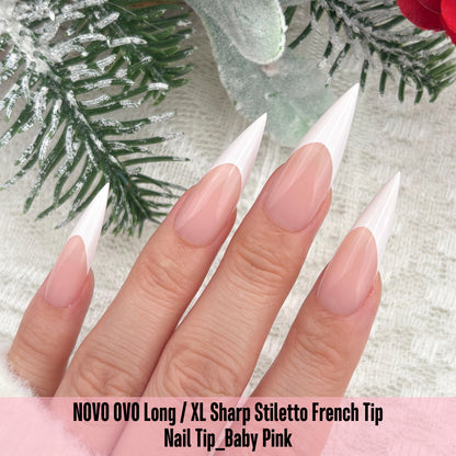 Long XL Sharp Stiletto White French Tip Nail Tips Baby Pink