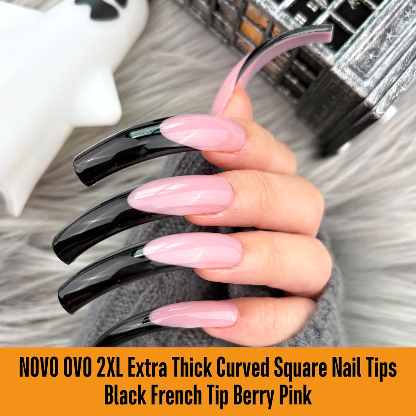 Halloween Curved Square XXL Black French Tip Nail Tips