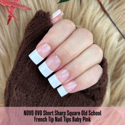 Short Sharp Square Nail Tips Wide White French Tip Baby Pink