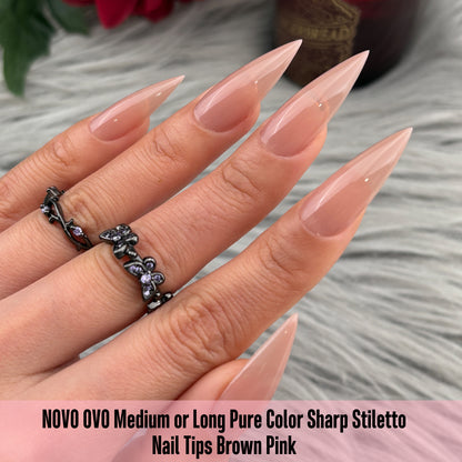 Medium or Long Pure Color Sharp Stiletto Nail Tips Brown Pink