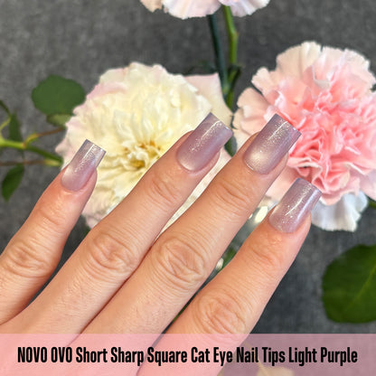 Short Sharp Square Cat Eye Nail Tips Light Purple