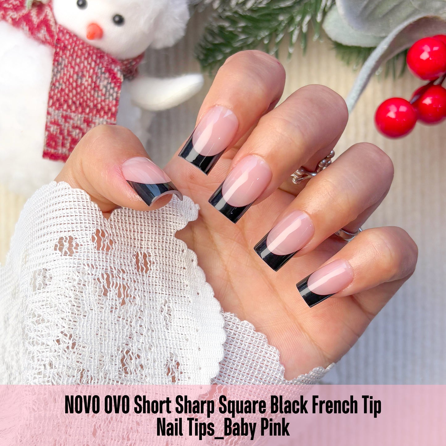 Short Sharp Square Nail Tips Black French Tip BABY PINK