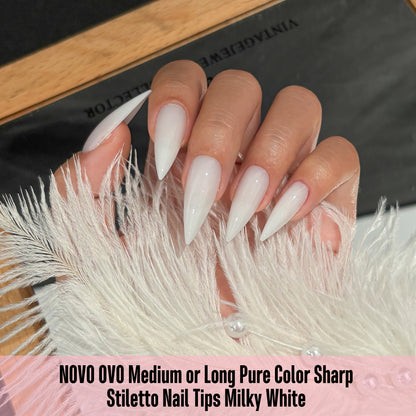 Medium or Long Pure Color Sharp Stiletto Nail Tips Milky White