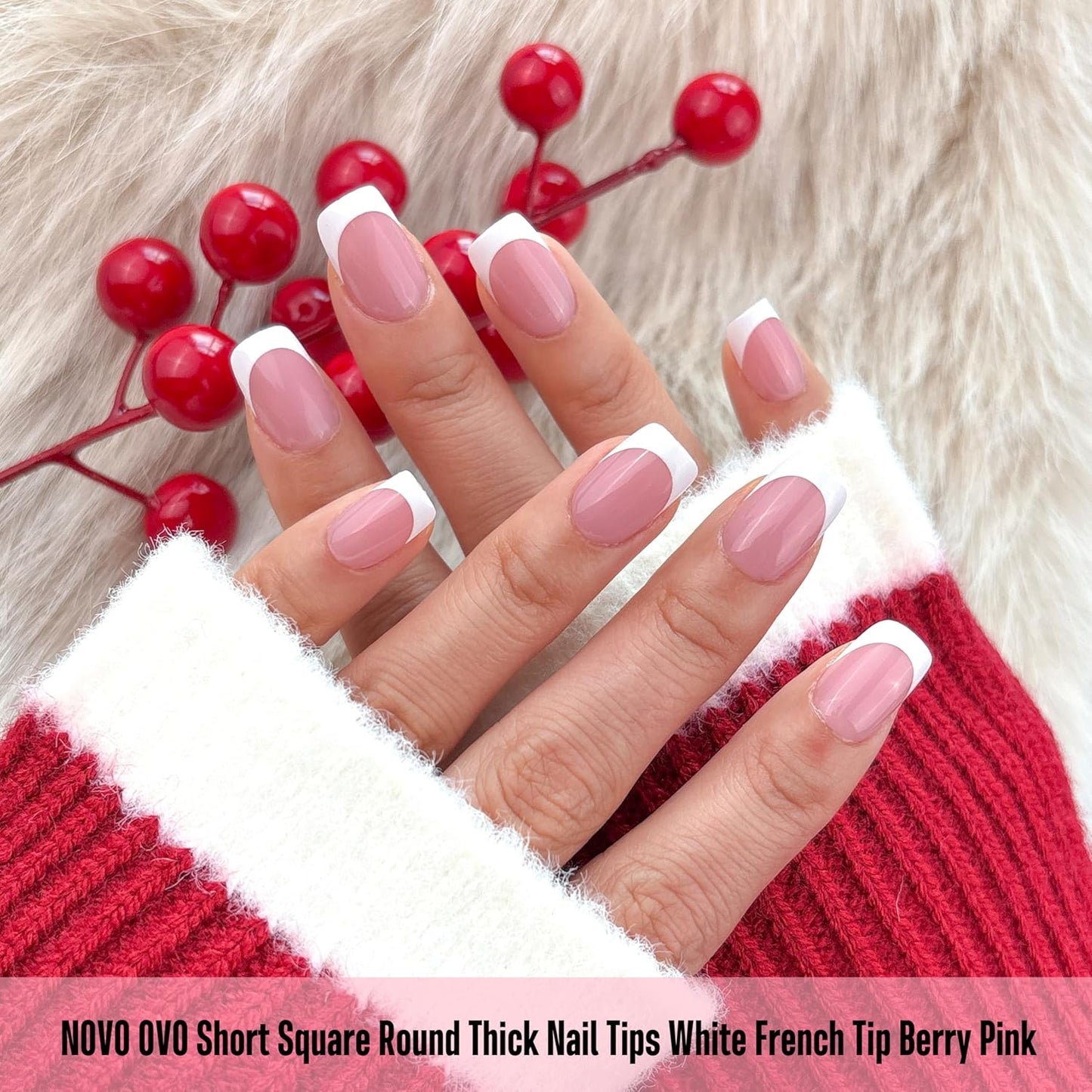 Square Round Short White French Tips Berry Pink