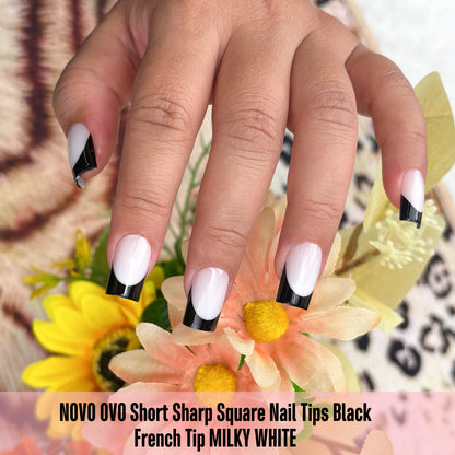 Short Sharp Square Nail Tips Black French Tip MILKY WHITE