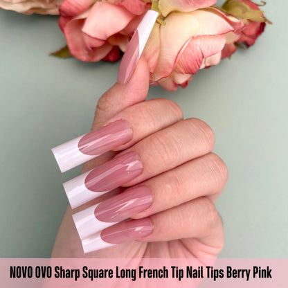 Long Sharp Square White French Tip Nail Tips Berry Pink 180