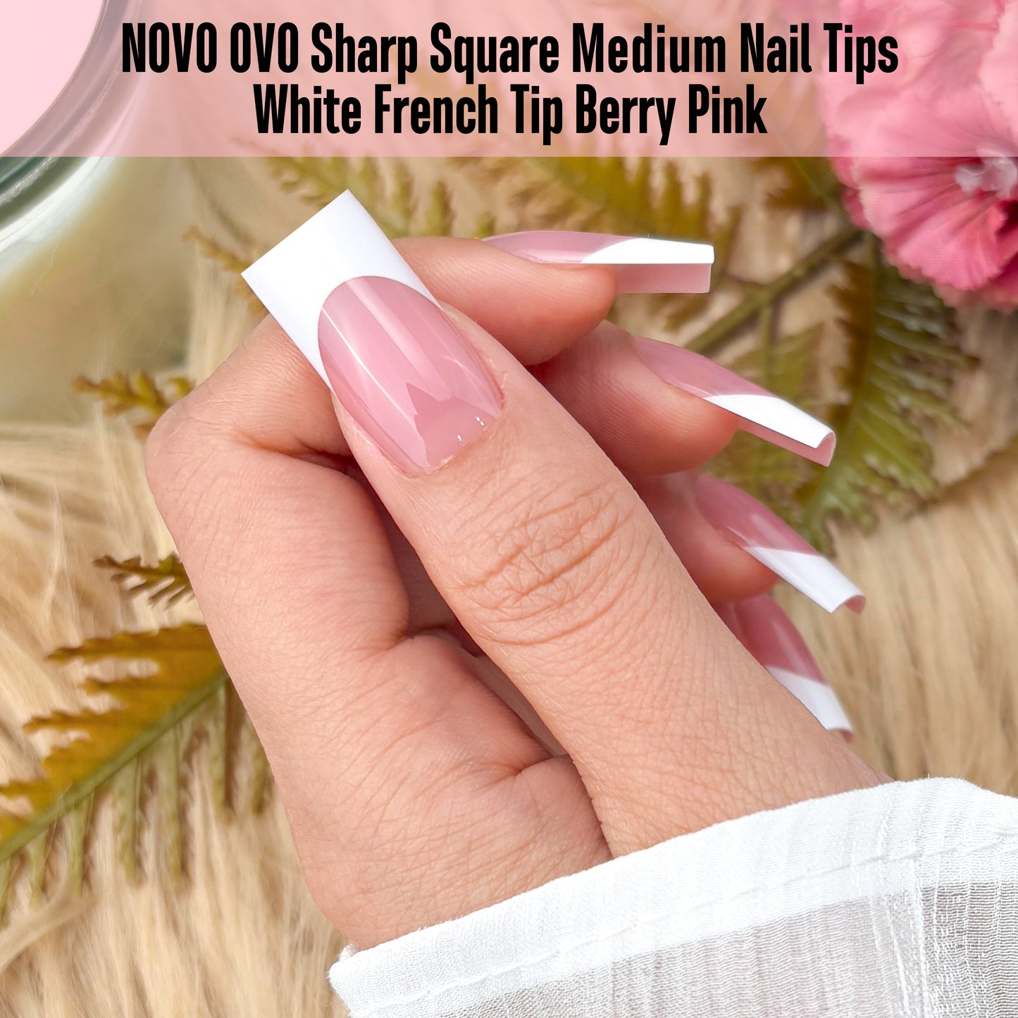 Medium Sharp Square White French Tip Nail Tips Berry Pink 180
