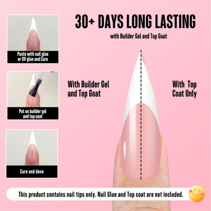 Long XL Sharp Stiletto White French Tip Nail Tips Baby Pink