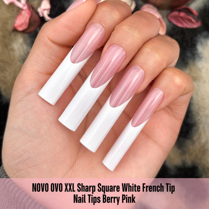 XXL Sharp Square White French Tip Nail Tips Berry Pink 150
